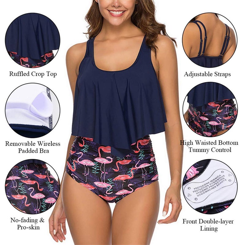 Adisputent Women High Waisted Swimsuit Flounce Swimwear Racerback Vintage Two Piece Bikini(Navy Flamingo,XL) - Image 4